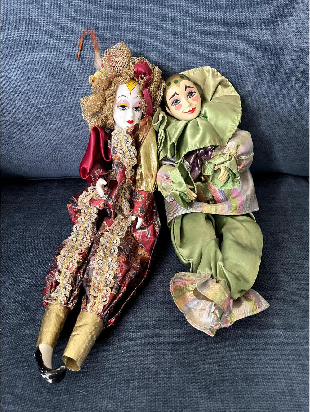 Set of 2 Harlequin Dolls - 12" porcelain
